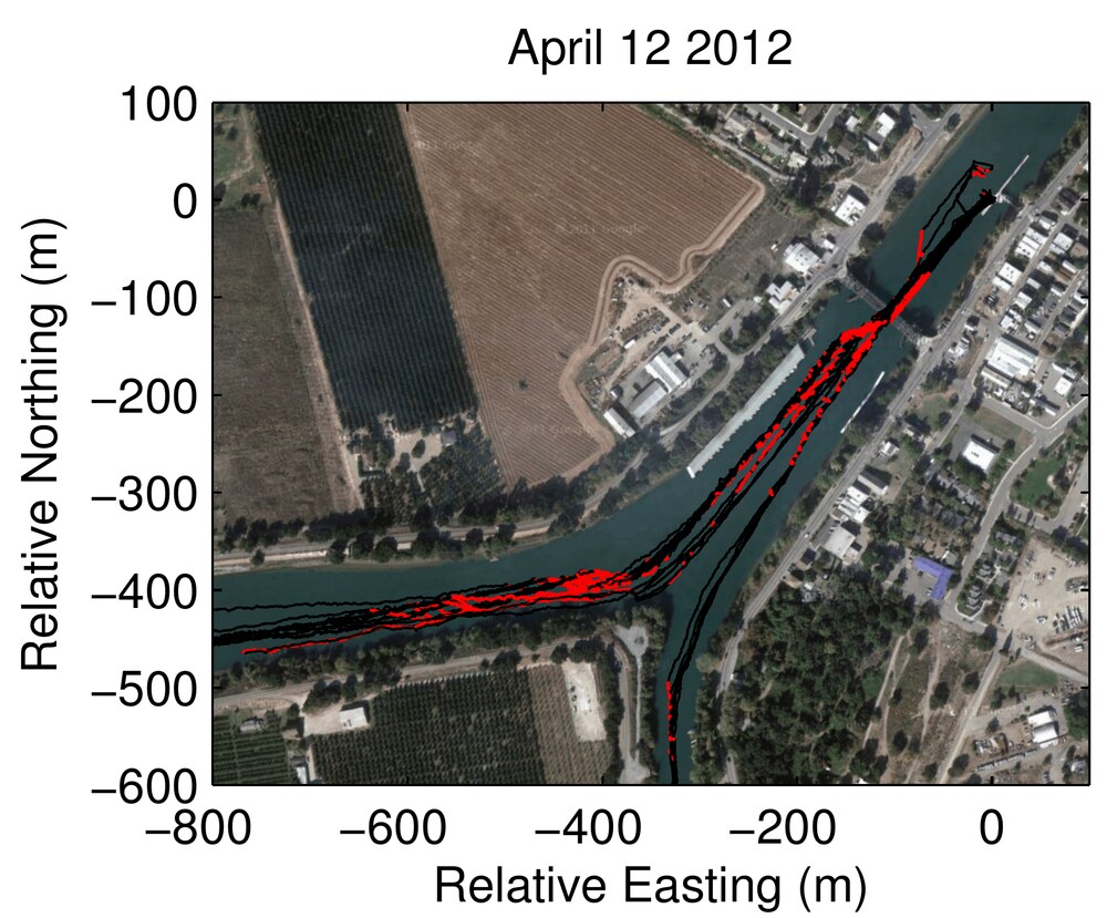 Satellite view of a river reach with the GPS track of an active drifter overlaid, showing it staying in the channel and away from the banks.